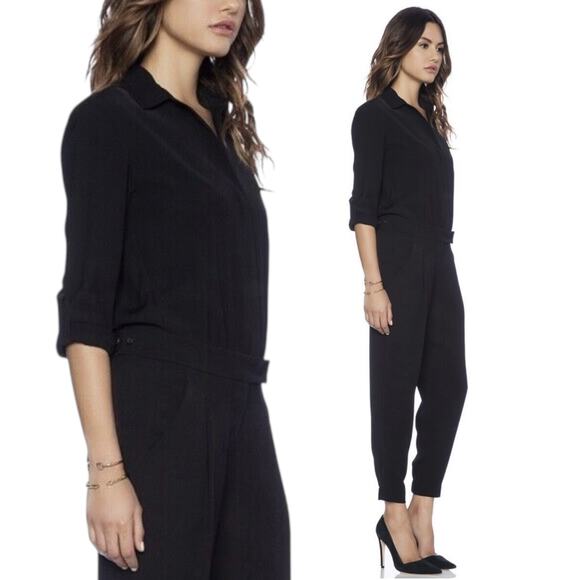VINCE Button Front Jumpsuit Boilersuit Relaxed Roll Tab Sleeve Chic Trendy Black - Picture 2 of 15